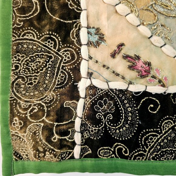 Patchwork Beaded Sari Floor Pillow/Cushion Cover Pair 26" Sq Green Multi Vintage - Picture 4 of 10